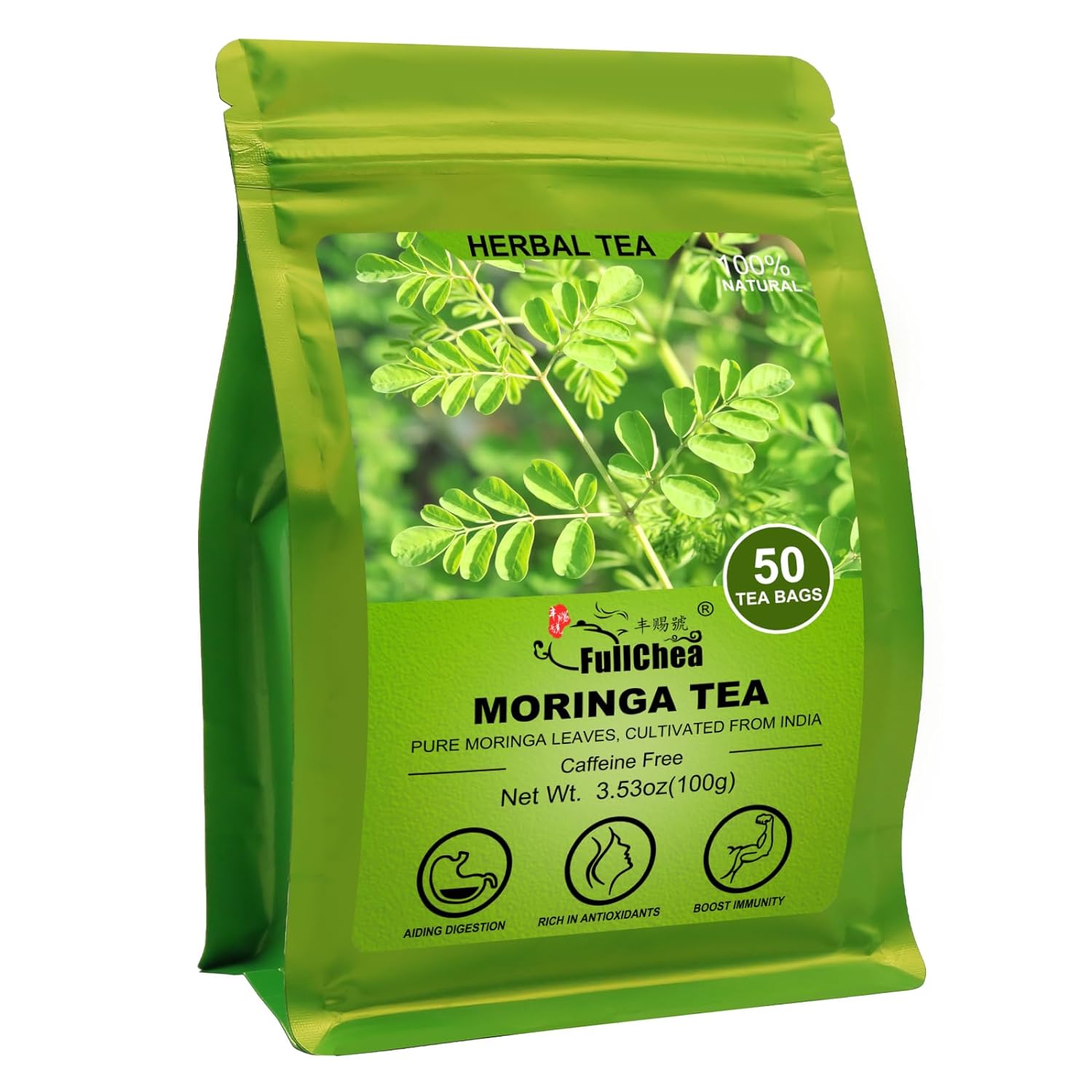 FullChea – Moringa Tea, 50 Teabags – Pure & Natural Moringa Leaves, Cultivated From India – Moringa Leaf Herbal Tea